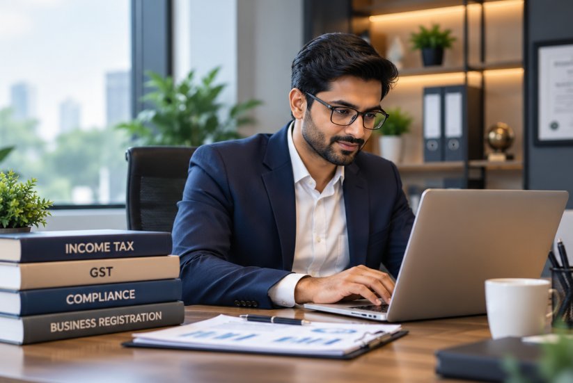 Consultant working at a desk with income tax, GST, compliance and business registration books